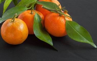Clementines ve yaprakları arka planda