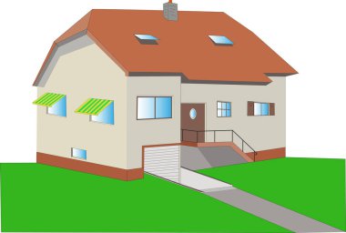 Beyaz arka plan ve yeşil çimenlikteki ayrılmış ev