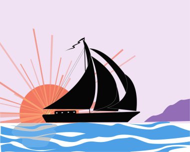 Rüzgarla dolu yelkenli bir yelkenlinin silueti güneşin doğuşuna karşı