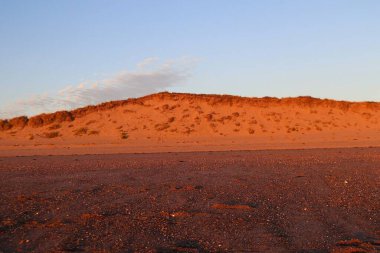Tall bright orange sand dune with a blue sky and sand and shells, outdoor scenery landscape, brown, orange sand with a contrasting blue sky and wispy clouds, stony pebbles on the beach
