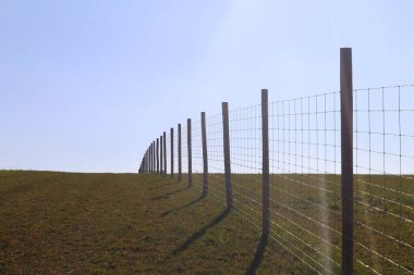 Tepede mavi gökyüzü olan tarım arazisinin sınırlarını işaretleyen bir tarla teli, çitlerin ahşap direklerden yapıldığı ve boş gökyüzündeki boşluğu kopyalayan bir çiftlik arazisi.