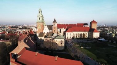 drone flight over old medieval castle, beautiful view of nature, golden hour