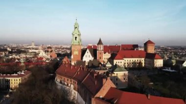 drone flight over old medieval castle, beautiful view of nature, golden hour