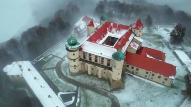 drone flight over old medieval castle, beautiful view of nature, golden hour