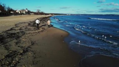 Brzezno 'daki iskele ve Gdansk' taki Baltık Denizi sahili. Polonya