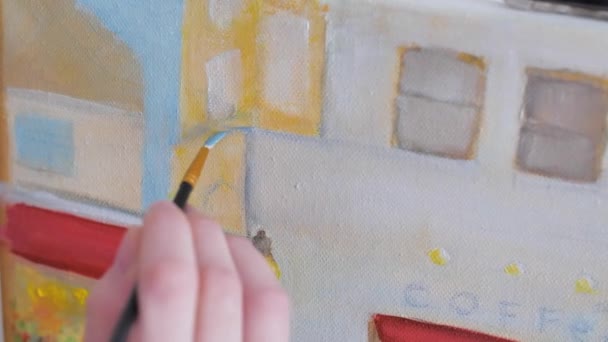 Filmisk Makro Skott Kvinnliga Kreativa Konstnären Målare Koncentrerad Målning Abstrakt — Stockvideo