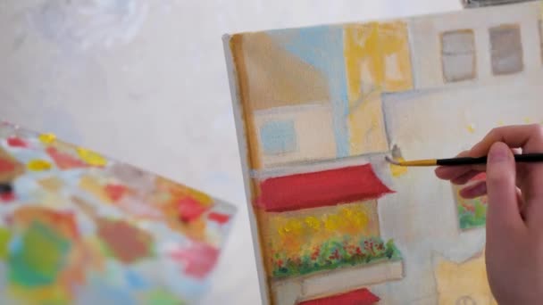 Detailní Záběr Dívky Ruční Malování Obrázek Olejem Plátně Vysoce Kvalitní — Stock video