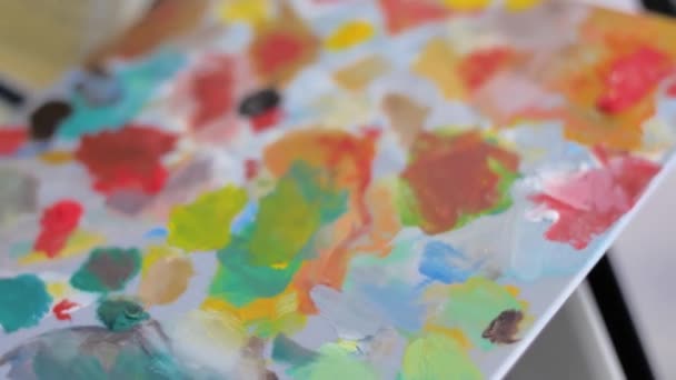 Ressamların Paletini Renkli Resimlerle Yağla Çizim Süreciyle Kapat Yüksek Kalite — Stok video