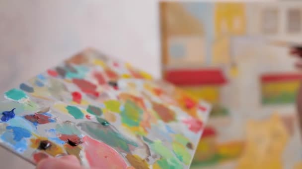 Processus Dessin Fille Main Tenir Palette Peinture Sur Toile Images — Video