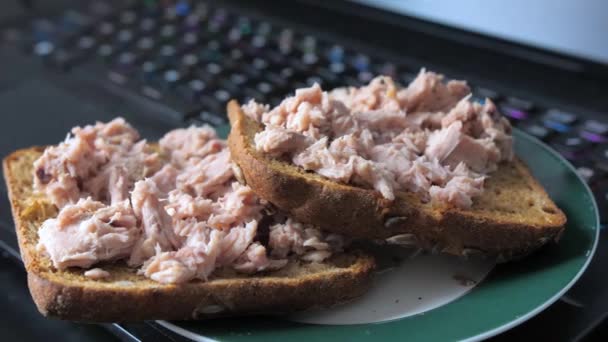 Kanapka Tuńczykiem Talerzu Laptopie Zdrowe Śniadanie Rybą Chlebem Wysokiej Jakości — Wideo stockowe