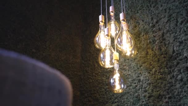 Edison Lámparas Brillantes Interior Moda Oscura Iluminación Concepto Interior Imágenes — Vídeo de stock