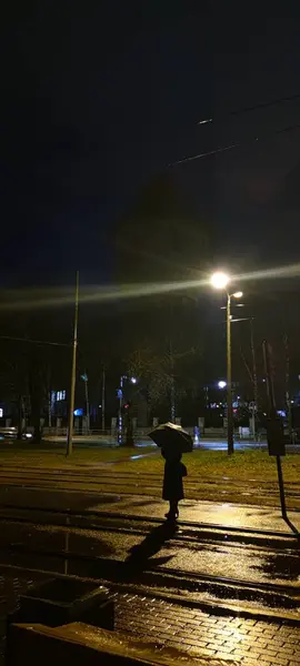 Gece yağmur yağarken bir şemsiye tutan bir kişi dışarıda duruyor, sokak lambaları ve karanlığın parıltısıyla çevrili.