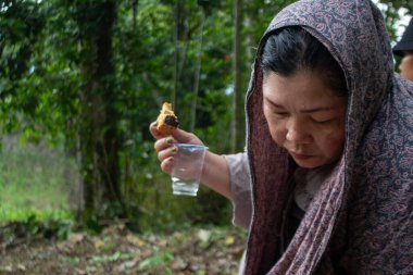 Bir kadın abur cubur yerken dinlenirken görülüyor.