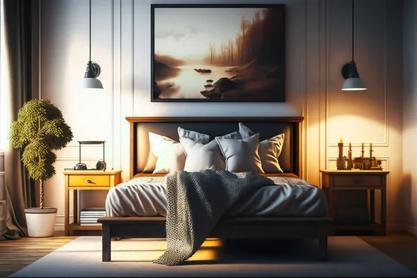 Beautiful bedroom decorated with lamp,carpet, vase in a modern style with beautiful light in the morning.