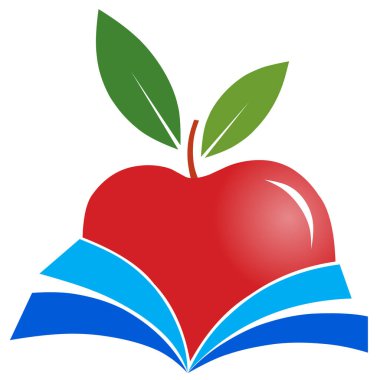 Apple fruit vector logo illustration with a green leaf and a book