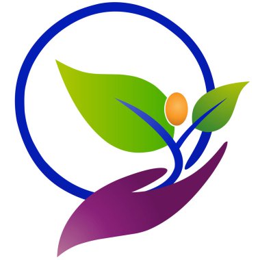 Circle vector logo illustration with a leaf in a colorful hand