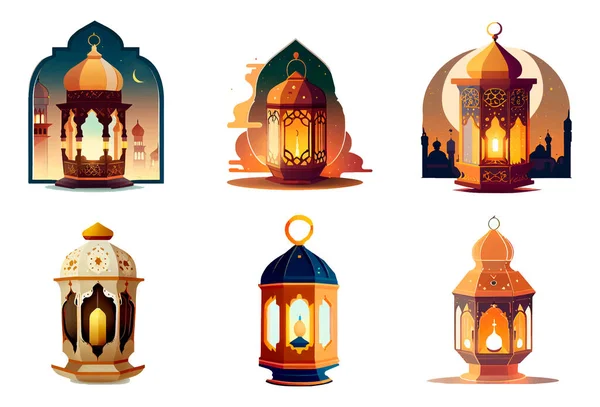 Set Vector Illustration Muslim Lantern Ramadan Concept - Stok Vektor
