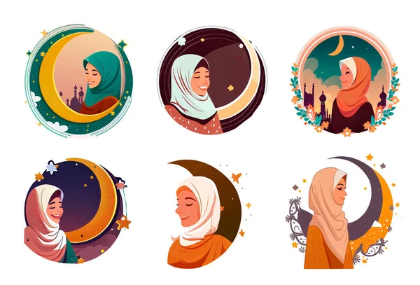 Set Vektor Illustration Der Muslimischen Frau Hijab Lächeln Ramadan Konzept — Stockvektor