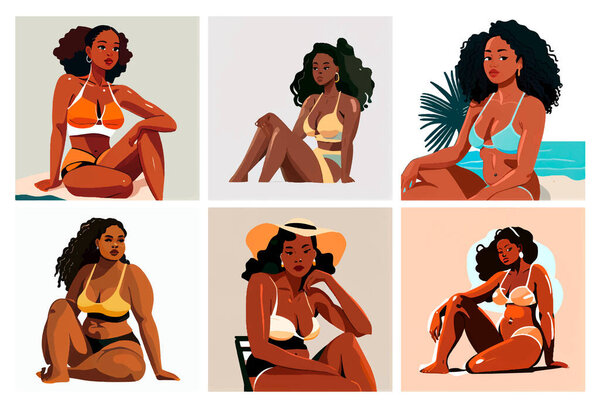 набор векторной иллюстрации счастливой женщины, принимающей солнечную ванну в бикини.