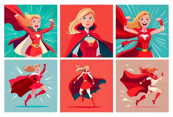Set Vector Ilustración Mujer Gran Alcance Vestido Héroe Rojo Sensación — Vector de stock