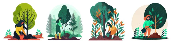 Uppsättning Vektor Horisontella Illustration Kvinna Växande Växt Träd Jord Isolat — Stock vektor