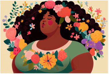 Beyaz elbiseli ve çiçek açan Afro-Amerikan kadınlarının vektör çizimi....