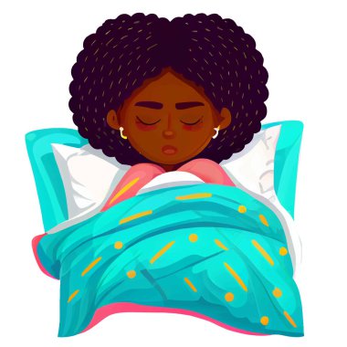 Afrikalı bir kadının vektör çizimi rahat bir yatakta uyur..