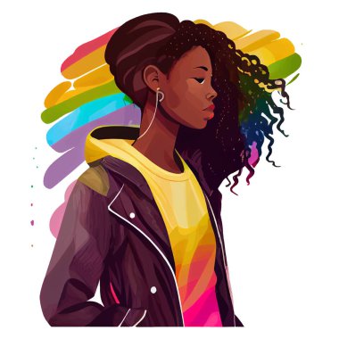 Beyaz arka planda gökkuşağı renkleri olan Afro kadının vektör çizimi .