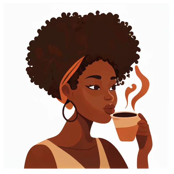 Ilustracja Wektora Afrykańskiej Kobiety Pijącej Gorącą Kawę Lub Izolat Herbaty — Wektor stockowy