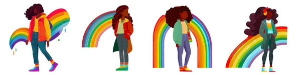 Vector Conjunto Ilustración Afro Mujer Con Colores Arco Iris Sobre — Vector de stock