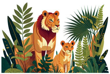 Aslanın, bebeğinin ve yavrusunun ormandaki vektör çizimi.