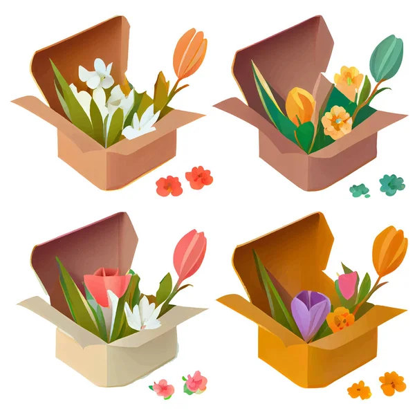 Set Vektor Illustration Der Blume Packbox Post Isoliert — Stockvektor