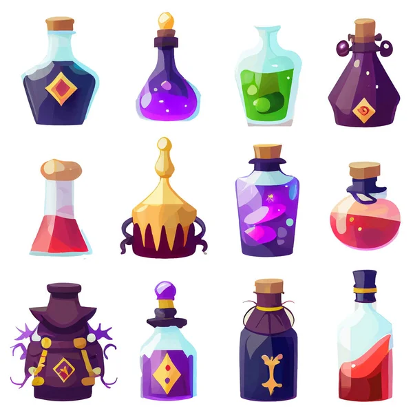 stock vector vector set illustration in cartoon style of alchemist bottles with elixir.
