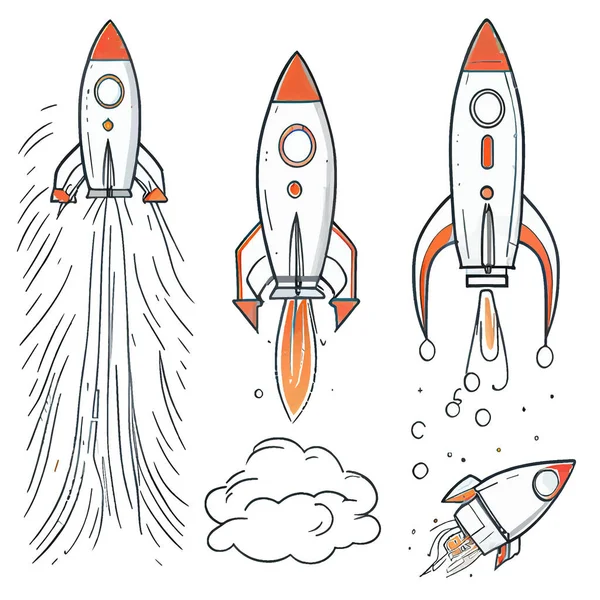 Vektor Set Illustration Cartoon Line Stil Der Rakete — Stockvektor