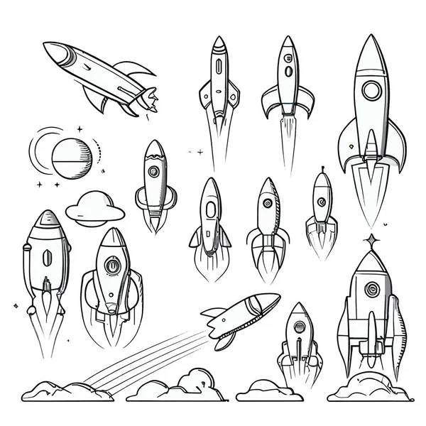 Vektor Uppsättning Illustration Tecknad Linje Stil Raket — Stock vektor