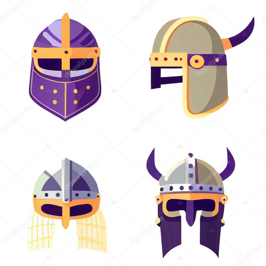 Vector set illustration in cartoon style helmet Knight heraldry shields.