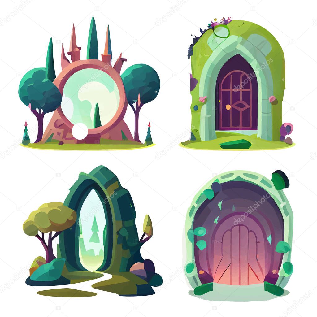 Vector set illustration in cartoon style of magic door or tunnel.