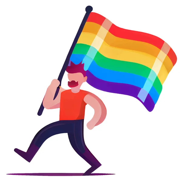 Vector Illustration Happy Man Proudly Walking Rainbow Flag — Stock Vector