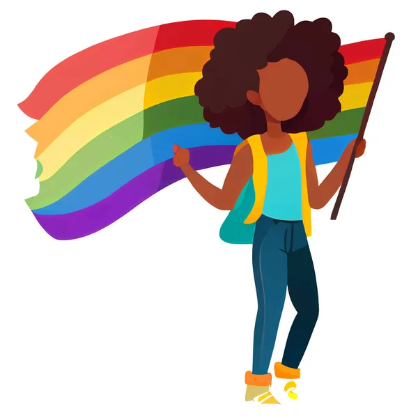 Gambar Vektor Dari Wanita Afro Dengan Bendera Kebanggaan Pada Parade - Stok Vektor