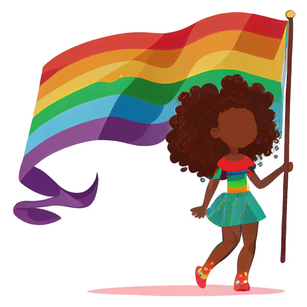 Gambar Vektor Dari Wanita Afro Dengan Bendera Kebanggaan Pada Parade - Stok Vektor