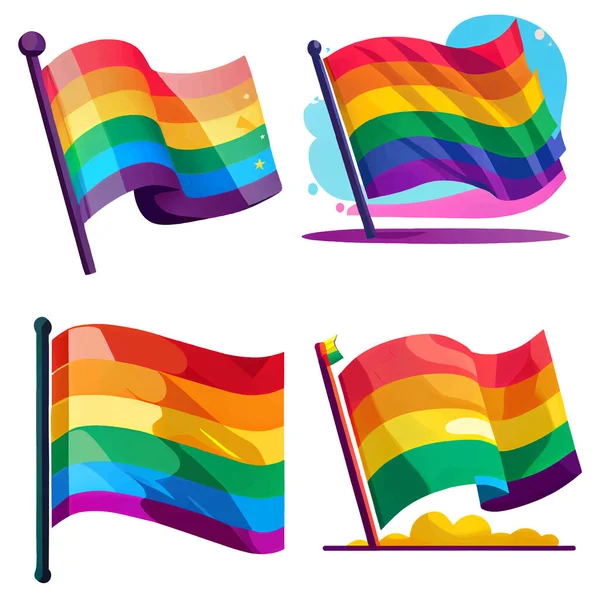 Gambar Vektor Set Dari Rainbow Flag Flutters Wind - Stok Vektor