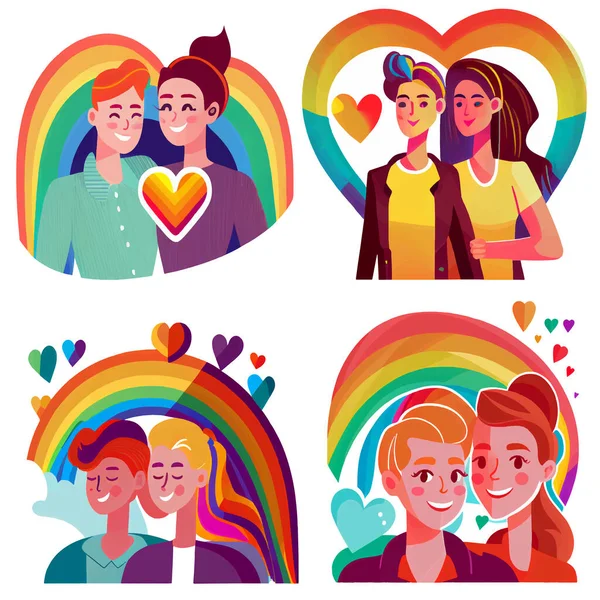 Set Vector Illustration Multicultural Women Pride Lgbt Isolate White Background — Stock Vector