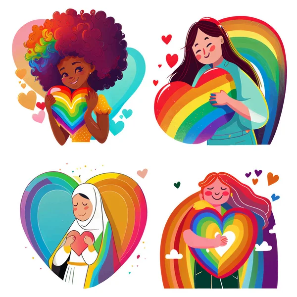 Set Vector Illustration Multicultural Women Pride Lgbt Isolate White Background — Stock Vector