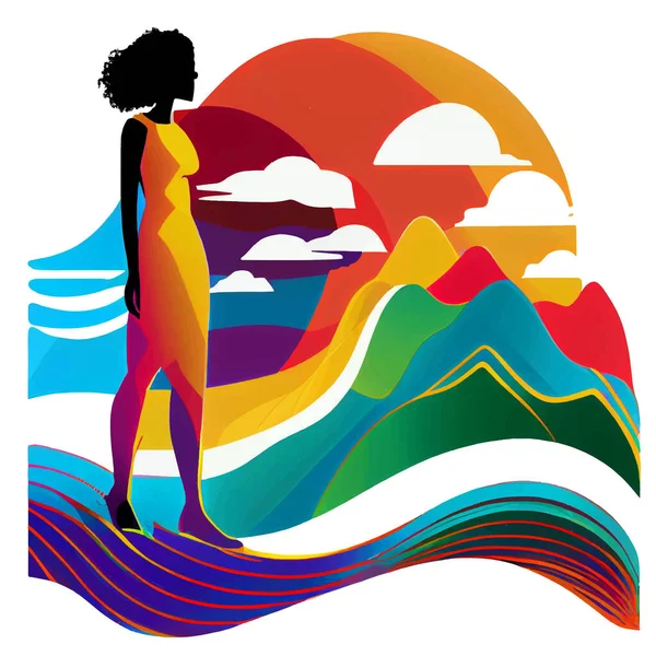 stock vector vector illustration of woman walking on rainbow near mountains.