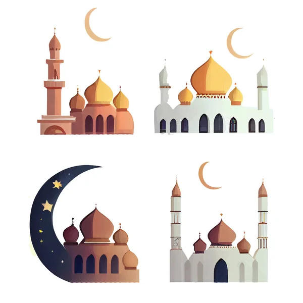Set Vektor Illustration Der Moschee Islamischen Stil Und Halbmond Isoliert — Stockvektor