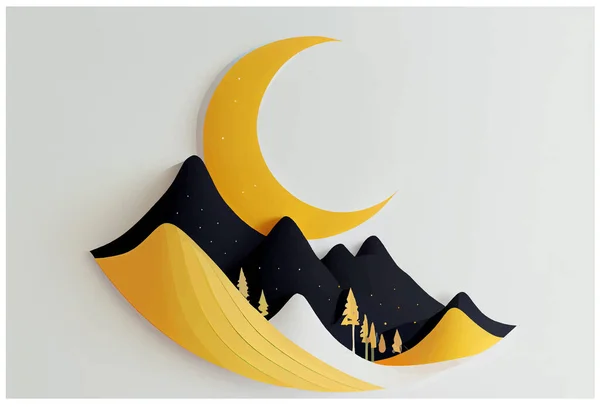 山のベクトル図と三日月形のラマダーンカレームお祝い — ストックベクタ