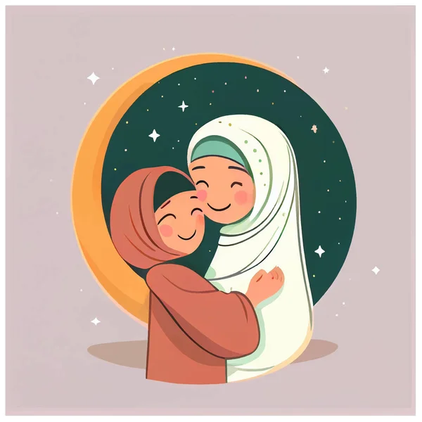 Vector Illustratie Van Moeder Meisje Traditionele Hijab Knuffels — Stockvector