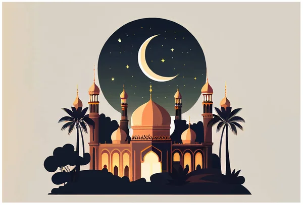 Векторна Ілюстрація Мечеті Ісламського Стилю Півмісяця Вночі — стоковий вектор