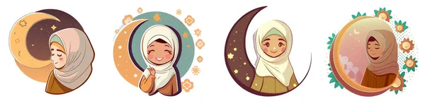 Uppsättning Horisontella Vektor Illustration Liten Flicka Nära Moskén Vit Hijab — Stock vektor