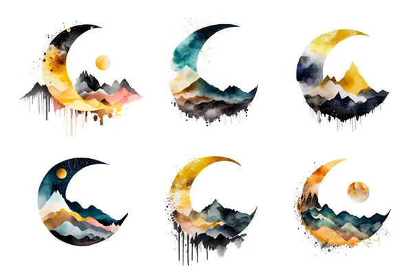 Set Aquarel Vector Illustratie Van Moslim Halve Maan Ramadan Concept — Stockvector